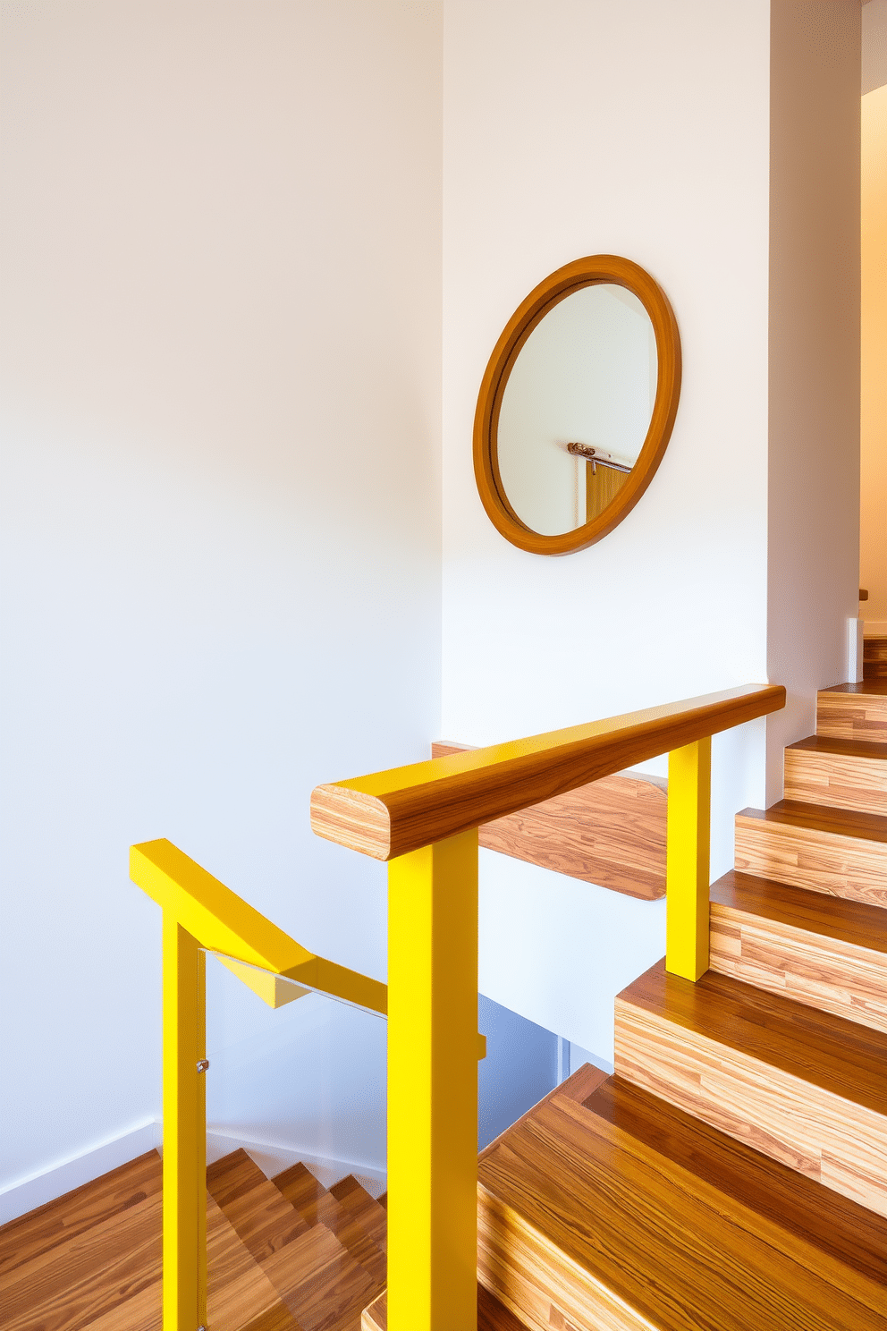 A stunning staircase design featuring a combination of bright yellow and natural wood elements. The staircase has a sleek yellow railing that contrasts beautifully with the warm, rich tones of the natural wood steps and banister. The walls adjacent to the staircase are painted in a soft white to enhance the brightness of the yellow accents. A large round mirror with a wooden frame is mounted on the wall, reflecting the vibrant colors and creating an inviting atmosphere.