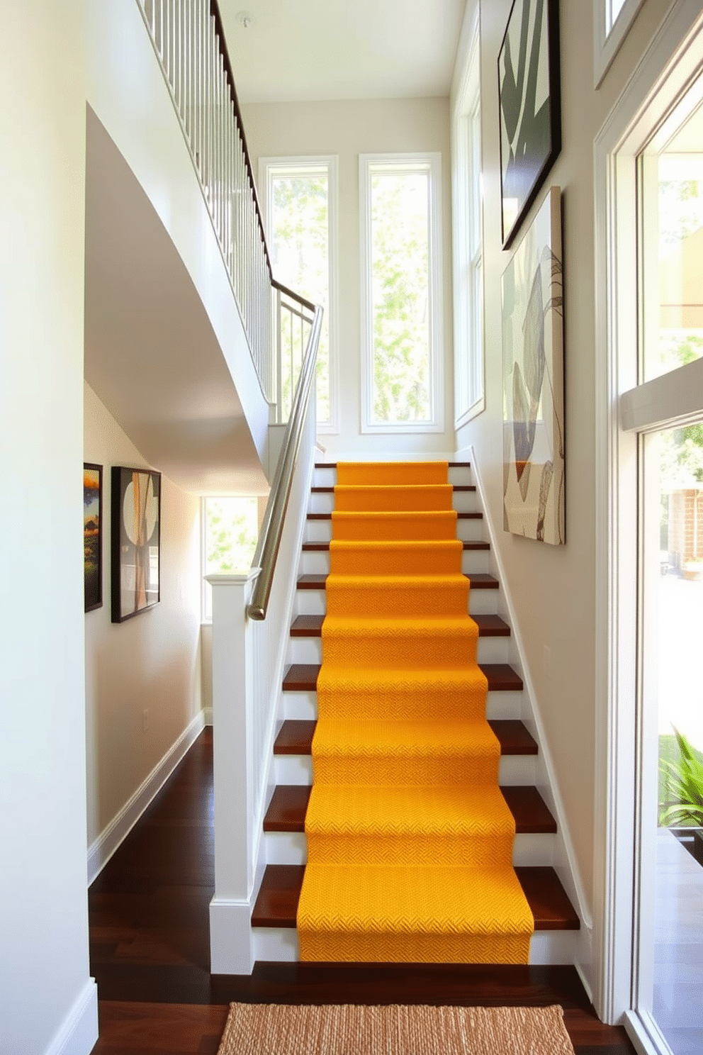 A striking staircase featuring yellow stair treads with non-slip backing, providing both safety and a vibrant pop of color. The surrounding walls are adorned with contemporary art, and the handrail is crafted from sleek metal, enhancing the modern aesthetic. Natural light floods the space through large windows, illuminating the cheerful yellow treads and creating a warm, inviting atmosphere. The staircase is complemented by a minimalist runner rug that adds texture and contrast to the overall design.