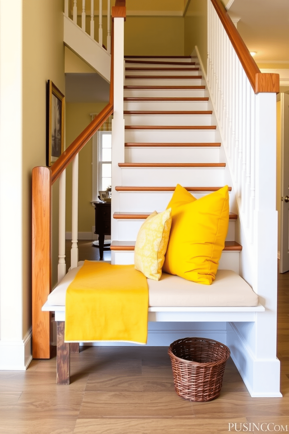 A vibrant staircase landing featuring bold yellow accent pillows arranged neatly on a comfortable bench. The staircase itself is painted in a soft white hue, with sleek wooden railings that complement the cheerful yellow accents.