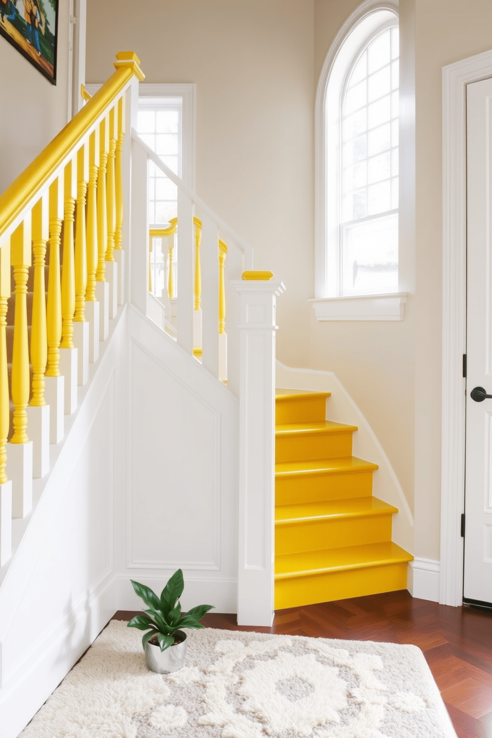 A striking staircase features yellow-painted spindles that pop against crisp white balusters, creating a cheerful and inviting atmosphere. The staircase is illuminated by natural light streaming through a nearby window, highlighting the vibrant color scheme and elegant design. At the base of the stairs, a plush area rug in complementary colors adds warmth and texture, while a small potted plant brings a touch of greenery to the space. The overall aesthetic is fresh and modern, perfect for a home that embraces bold design choices.