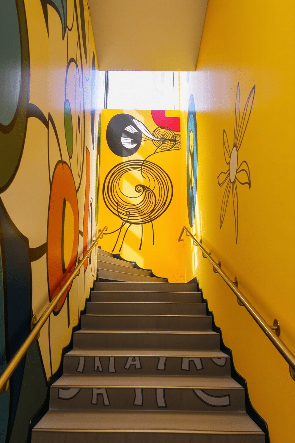 Artistic murals adorn the vibrant yellow staircase wall, featuring abstract designs that play with light and shadow. The staircase itself is framed by sleek, modern railings, creating a striking contrast against the bold backdrop.