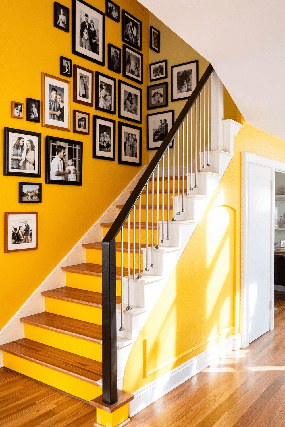 A vibrant yellow accent wall adorned with a curated selection of framed photos creates a lively focal point in the room. The frames vary in size and style, showcasing a mix of family portraits and artistic prints that add personality and warmth. The staircase features a striking design with yellow-painted risers and a sleek, modern railing. Natural light floods the space, highlighting the contrasting textures of the wooden treads and the cheerful yellow accents, making the staircase a stunning architectural feature.