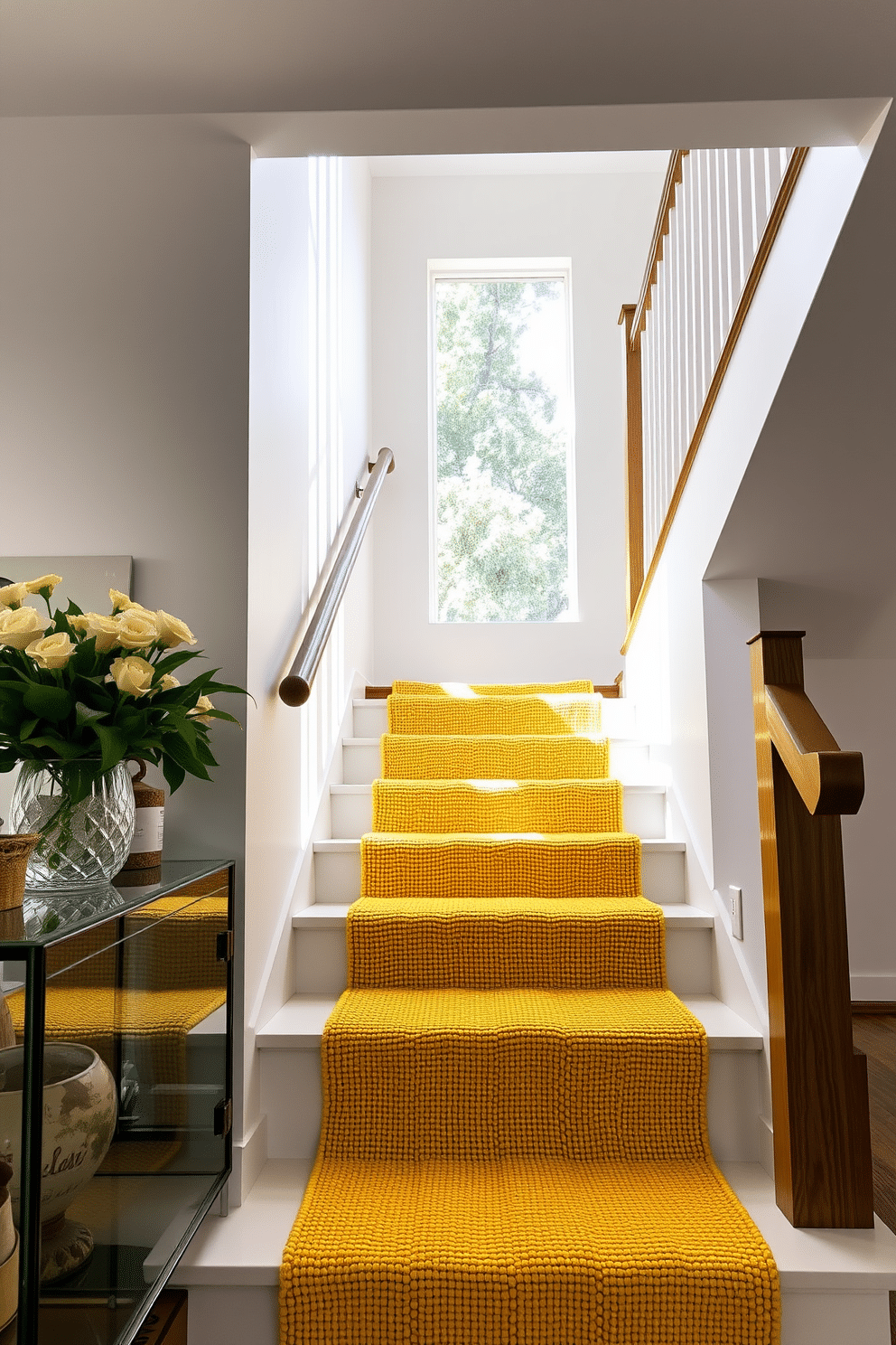 A textured yellow stair runner cascades down a sleek, modern staircase, adding a touch of warmth and comfort to the space. The vibrant hue of the runner contrasts beautifully with the crisp white walls, creating a cheerful and inviting atmosphere. The staircase, framed by elegant wooden banisters, showcases the runner's intricate patterns that enhance the overall design. Natural light floods the area, highlighting the runner’s texture and the playful interplay of colors in the surrounding decor.