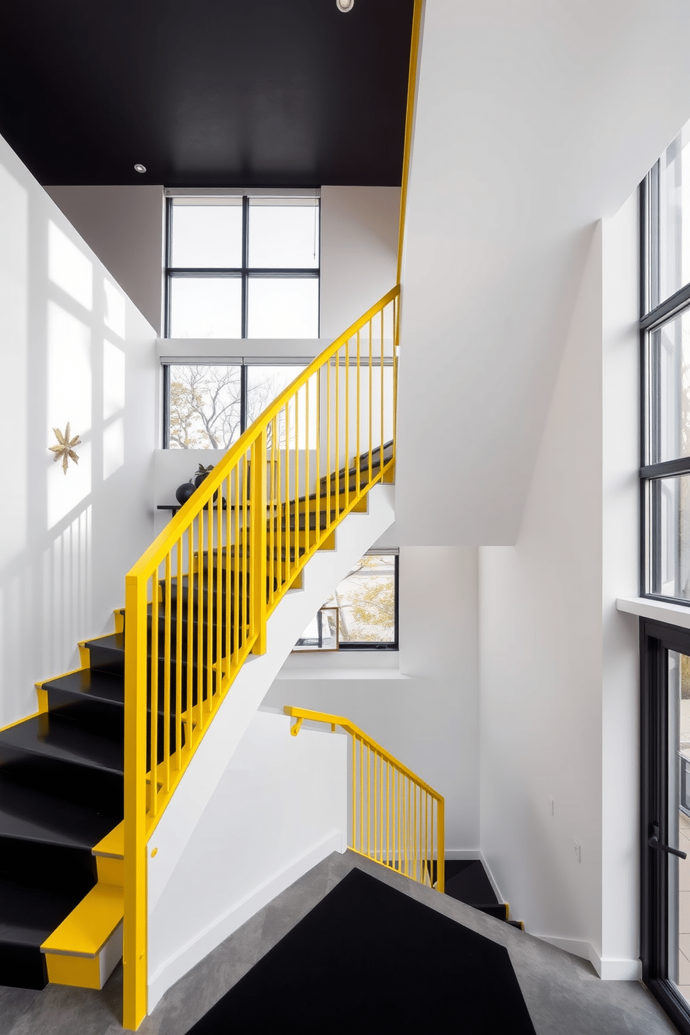 A striking modern staircase features a bold yellow railing that contrasts beautifully with sleek black steps. The walls are adorned with minimalist artwork, enhancing the contemporary aesthetic of the space. Natural light floods the area through large windows, highlighting the vibrant yellow color and creating an inviting atmosphere. The staircase is complemented by a chic black runner, adding both style and comfort to each step.