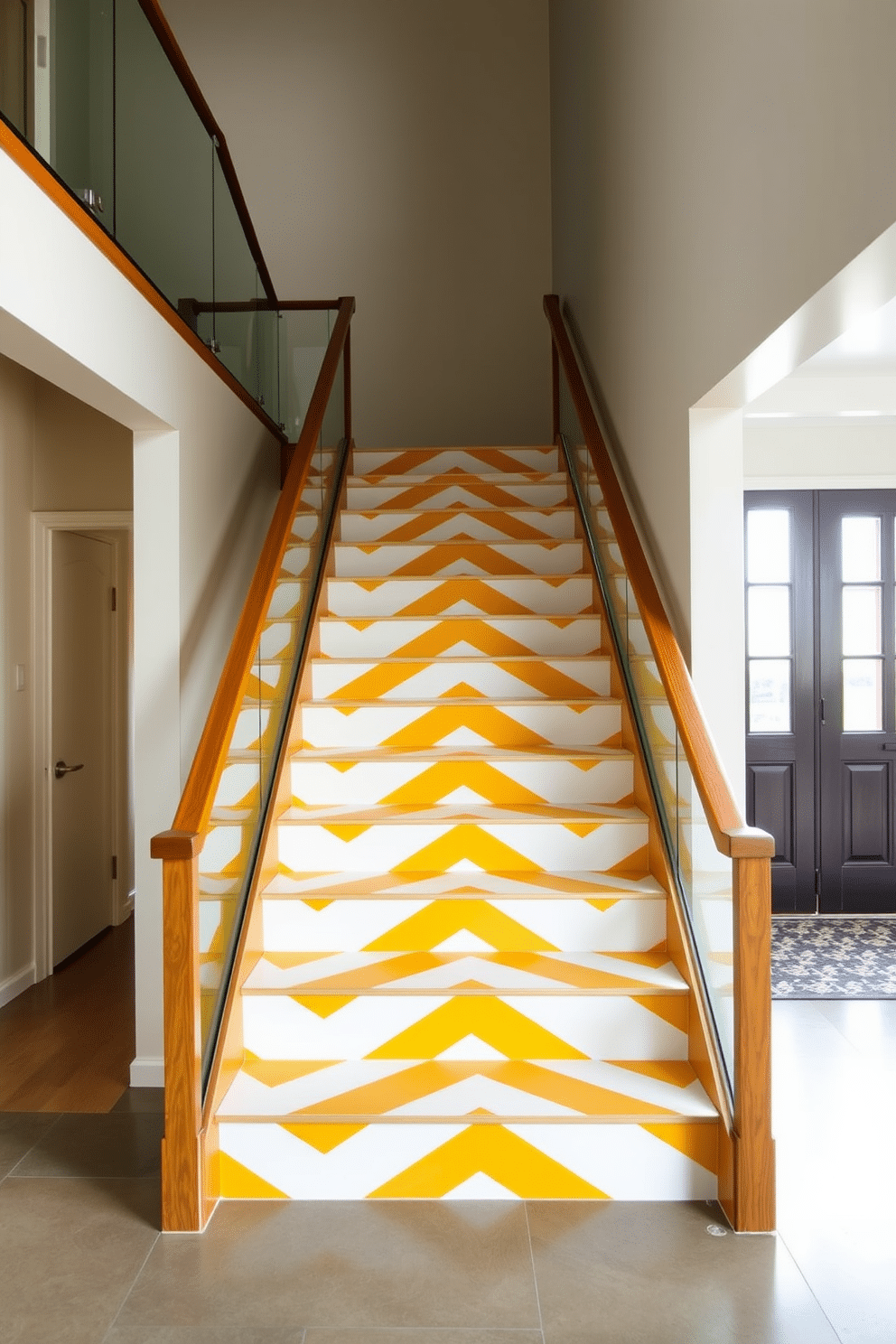 A striking staircase featuring a bold chevron pattern in yellow and white. The design emphasizes the dynamic interplay of colors, creating a vibrant focal point in the entryway. The staircase is complemented by sleek wooden handrails and a minimalist glass balustrade. Natural light floods the space, enhancing the cheerful ambiance and highlighting the unique pattern.