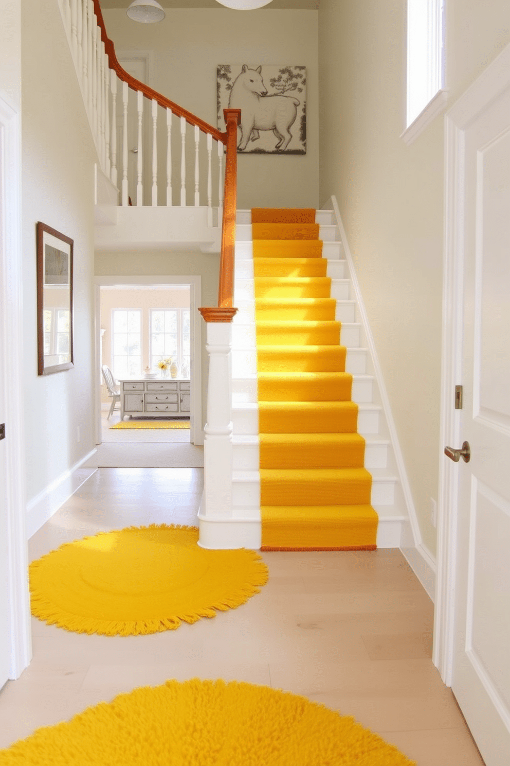 A bright and inviting stair landing features layered yellow rugs that add warmth and texture to the space. The staircase itself showcases a stunning design with a soft yellow hue, complemented by elegant wooden handrails and white risers for a fresh, modern look.