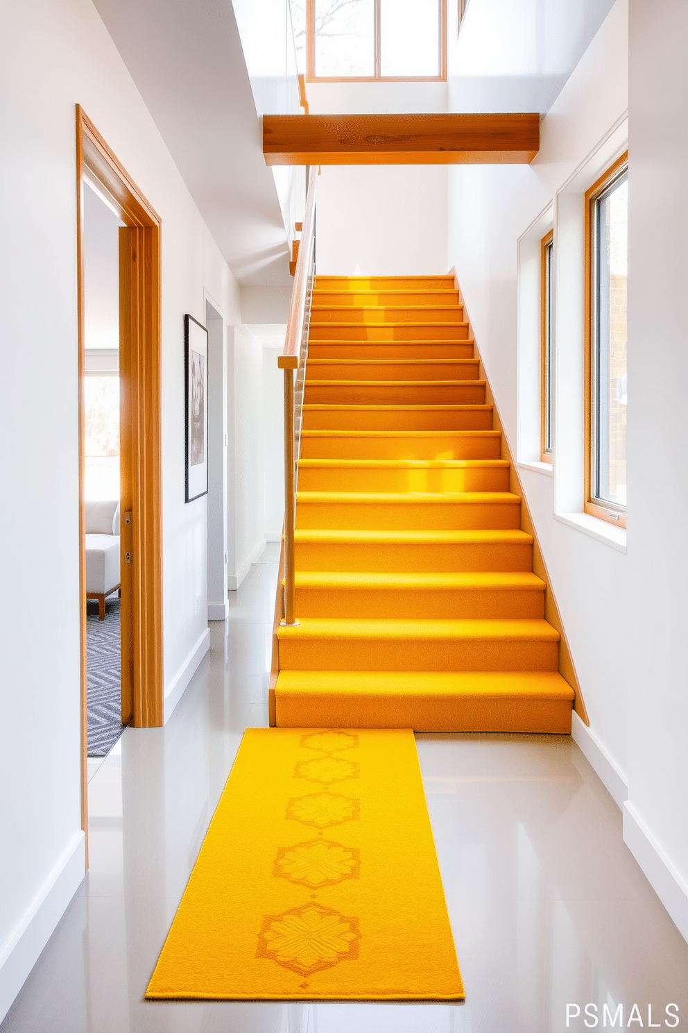 A vibrant yellow carpet runner adorned with bold geometric shapes stretches along a modern hallway, creating a striking visual contrast against the sleek white walls. The runner's dynamic patterns draw the eye, leading to a beautifully designed staircase that features a minimalist railing and warm wooden steps, enhancing the overall contemporary aesthetic. The staircase is illuminated by natural light streaming through large windows, highlighting the rich texture of the yellow runner and the elegant lines of the staircase. This inviting space combines functionality with artistic flair, making it a stunning focal point in the home.