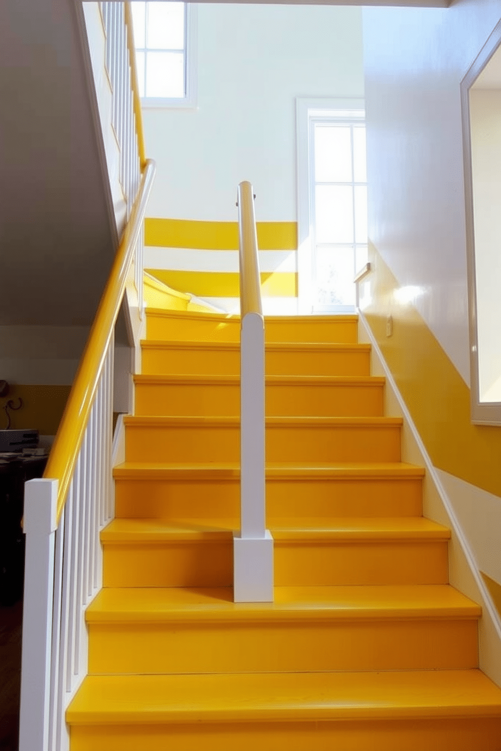 A vibrant staircase design featuring painted stripes in varying shades of yellow creates a cheerful and inviting atmosphere. The stripes alternate in width and hue, enhancing the visual interest and energy of the space. The staircase is adorned with a sleek handrail that complements the yellow tones, while the surrounding walls are painted in a soft white to provide contrast. Natural light floods the area, highlighting the playful design and making the staircase a focal point of the home.