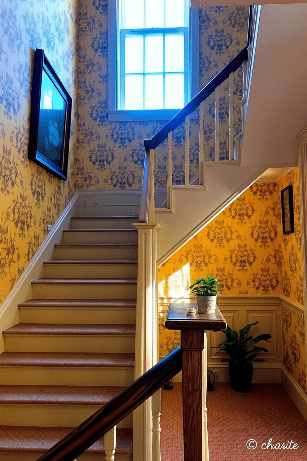 A charming staircase adorned with vintage yellow wallpaper that features intricate floral patterns, creating a warm and inviting atmosphere. The staircase itself is painted in a soft cream color, complementing the wallpaper while accentuating the natural light streaming in from a nearby window. At the base of the stairs, a rustic wooden handrail adds character and a touch of elegance, seamlessly blending with the vintage theme. A small potted plant sits on the landing, adding a splash of greenery and enhancing the overall aesthetic of the space.