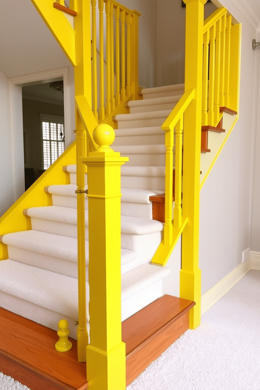 A bright and cheerful staircase features lemon yellow painted railings that add a pop of color to the space. The staircase itself is designed with a sleek wooden structure, complemented by soft white carpeting that enhances the warmth of the yellow accents.