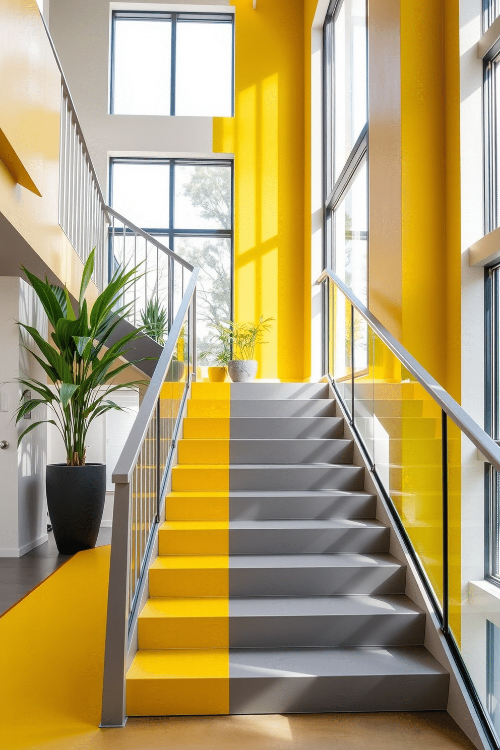 A striking staircase features a bold yellow and gray color block design, creating a vibrant focal point in the entryway. The yellow steps are contrasted by sleek gray risers, while a modern railing complements the contemporary aesthetic. Natural light floods the space through large windows, enhancing the cheerful ambiance of the yellow hues. Potted plants are strategically placed along the staircase, adding a touch of greenery and warmth to the overall design.