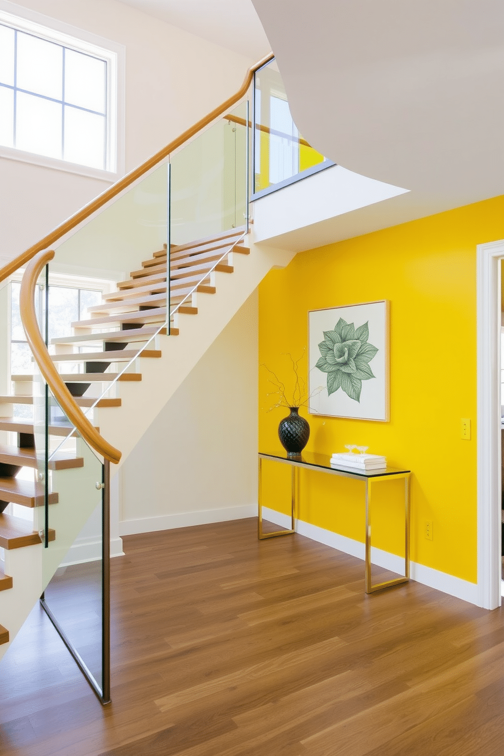 A striking interior design featuring a bold yellow accent wall adjacent to a modern staircase. The staircase itself is elegantly designed with sleek wooden steps and a glass railing that enhances the brightness of the yellow. The vibrant hue of the yellow wall creates a cheerful focal point, inviting natural light to bounce throughout the space. Complementary decor elements, such as a minimalist console table or artwork, can enhance the overall aesthetic while maintaining a cohesive look.