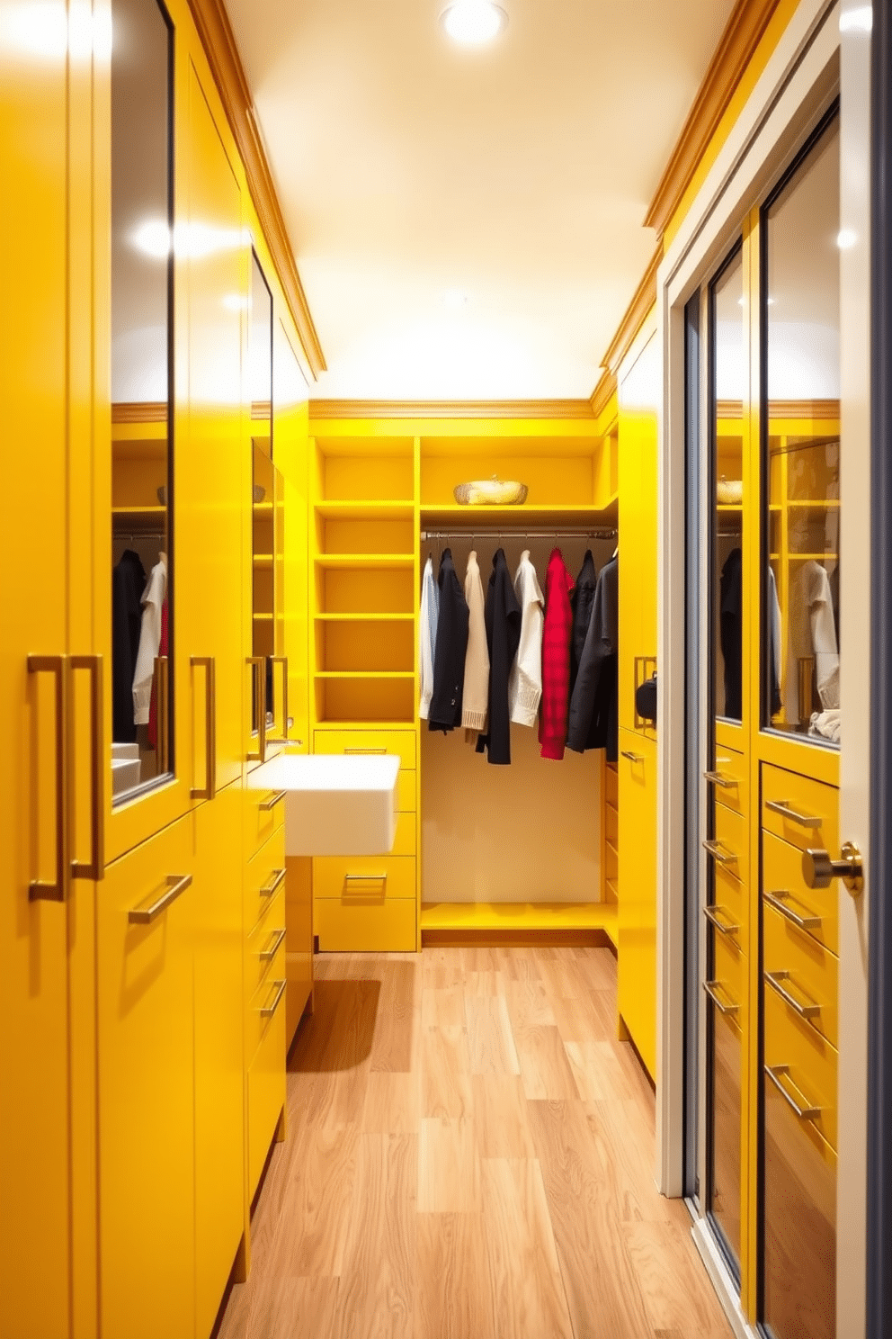 Bright yellow cabinetry creates a cheerful ambiance, enhancing the overall vibrancy of the space. The cabinetry features sleek, modern handles and is complemented by warm wood accents to maintain a cozy feel. The walk-in closet is spacious and well-organized, with bright yellow cabinetry lining the walls. Soft lighting illuminates the area, highlighting the stylish shelving and hanging spaces designed for optimal functionality.