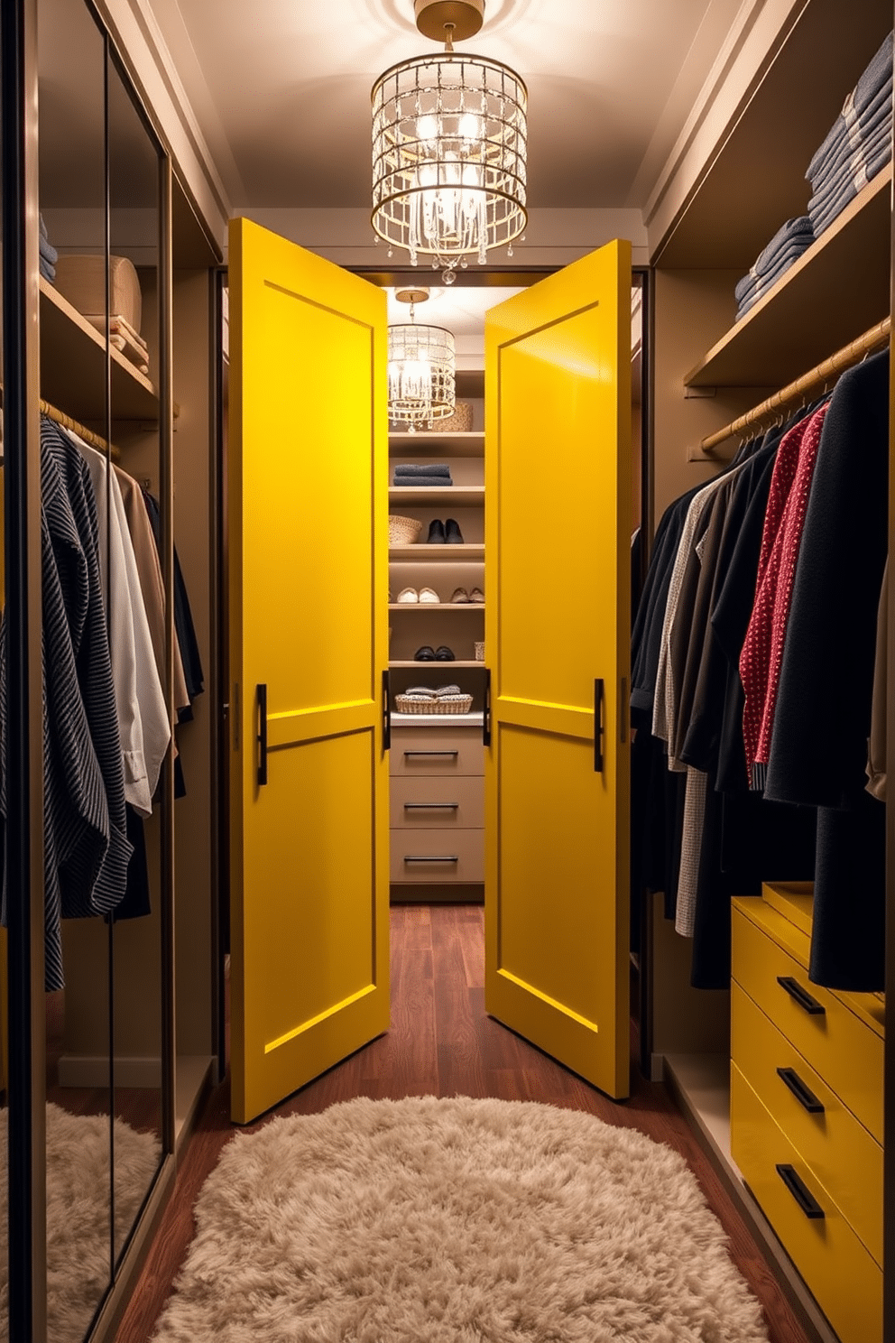 A contemporary walk-in closet featuring sliding yellow doors that add a vibrant touch to the space. The interior showcases custom shelving, elegant lighting fixtures, and a plush area rug, creating a stylish and functional environment.