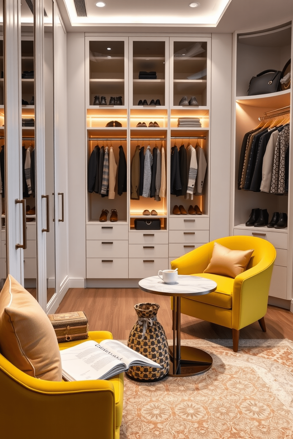 A cozy relaxation space featuring a vibrant yellow accent chair with plush cushions, positioned next to a small side table adorned with a stack of books and a steaming cup of tea. Soft, ambient lighting creates a warm atmosphere, while a patterned area rug adds texture to the floor. A luxurious walk-in closet designed with sleek white cabinetry and ample storage solutions, showcasing a central island with a marble top for accessories and jewelry. The walls are lined with mirrors, reflecting the elegant display of clothing and shoes, with warm LED lighting highlighting the organized space.