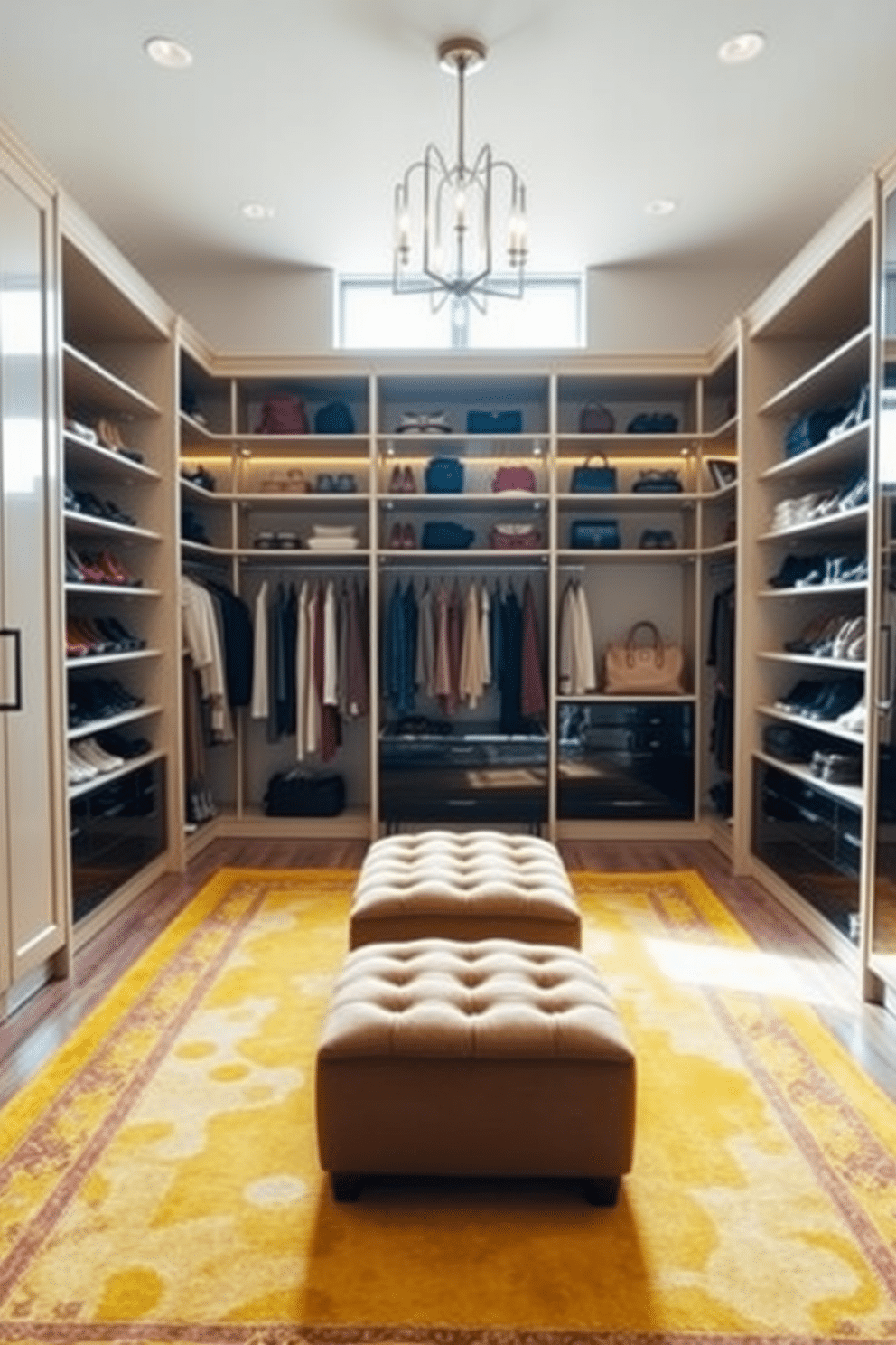 A stylish walk-in closet featuring layered rugs in vibrant yellow tones. The space is illuminated by soft, natural light streaming in through a large window, enhancing the warm hues of the rugs. Elegant shelving units line the walls, showcasing an organized array of shoes, bags, and accessories. A plush ottoman sits in the center, inviting you to relax while contemplating outfit choices.