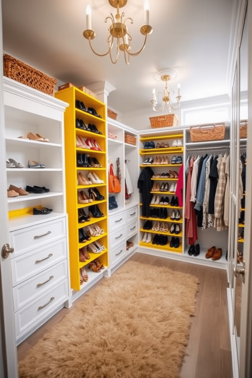 A bright and cheerful walk-in closet featuring yellow shoe racks for easy access. The racks are organized with a variety of stylish shoes, and the walls are painted in a soft white to enhance the vibrant yellow accents. The spacious layout includes ample shelving and hanging space, complemented by a plush area rug in a neutral tone. Elegant lighting fixtures illuminate the space, creating a warm and inviting atmosphere perfect for showcasing your favorite footwear.