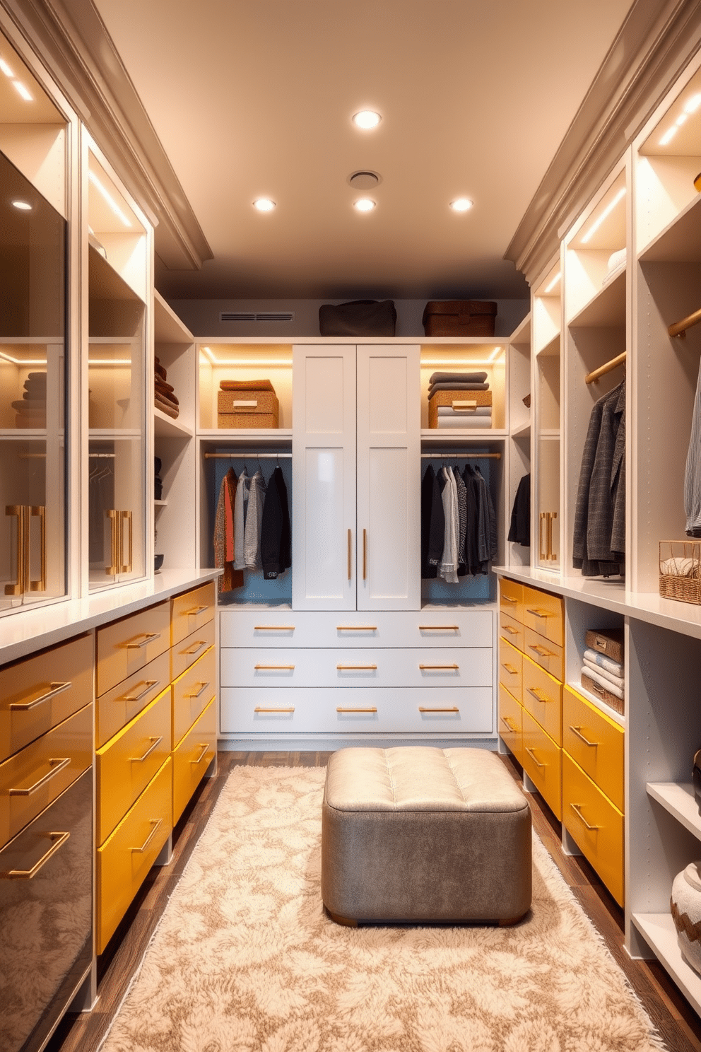 A luxurious walk-in closet featuring built-in yellow drawers that provide both functionality and a pop of color. The drawers are complemented by sleek gold hardware, creating a harmonious balance with the soft white shelving and hanging space. The closet is illuminated by warm LED lighting, highlighting the elegant design and making it easy to find clothing and accessories. A plush area rug in a neutral tone adds comfort underfoot, while a stylish ottoman offers a convenient seating area for dressing.