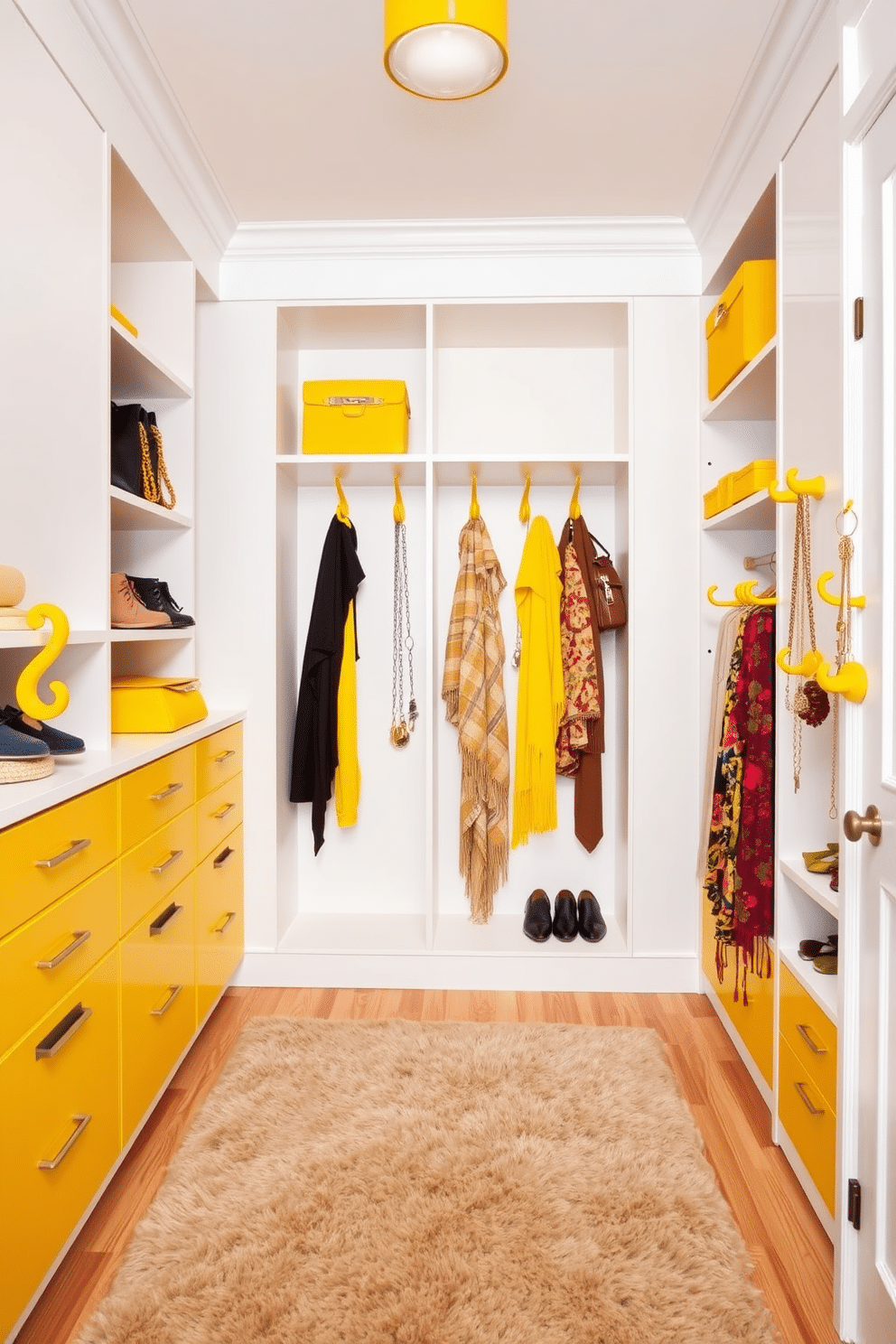 A vibrant walk-in closet featuring yellow hooks for stylish accessories. The walls are painted a soft white, providing a bright backdrop that enhances the cheerful yellow accents throughout the space. The closet is organized with custom shelving, showcasing shoes and bags, while the yellow hooks add a playful touch for hanging scarves and jewelry. A plush area rug in a neutral tone complements the design, creating a warm and inviting atmosphere.