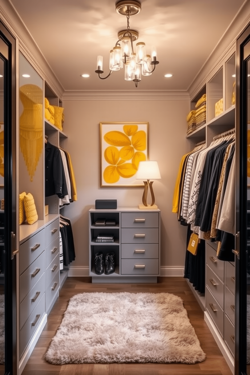 A chic walk-in closet featuring decorative yellow artwork on the walls, creating a vibrant and inviting atmosphere. The space is designed with custom shelving and hanging options, showcasing an organized display of clothing and accessories. Soft yellow accents complement the artwork, enhancing the overall aesthetic of the closet. A plush area rug adds warmth underfoot, while elegant lighting fixtures illuminate the space, highlighting the stylish design elements.