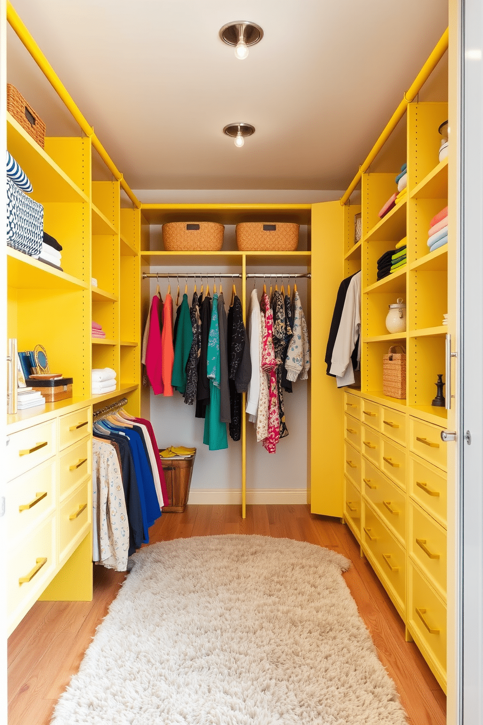 A vibrant walk-in closet featuring yellow closet rods that add a cheerful pop of color. The space is designed with ample shelving and drawers, complemented by soft, neutral walls to create a balanced and inviting atmosphere. The floor is adorned with a plush area rug, providing comfort underfoot while accentuating the bright yellow accents. Stylish lighting fixtures illuminate the space, highlighting the organized clothing and accessories displayed on the rods and shelves.