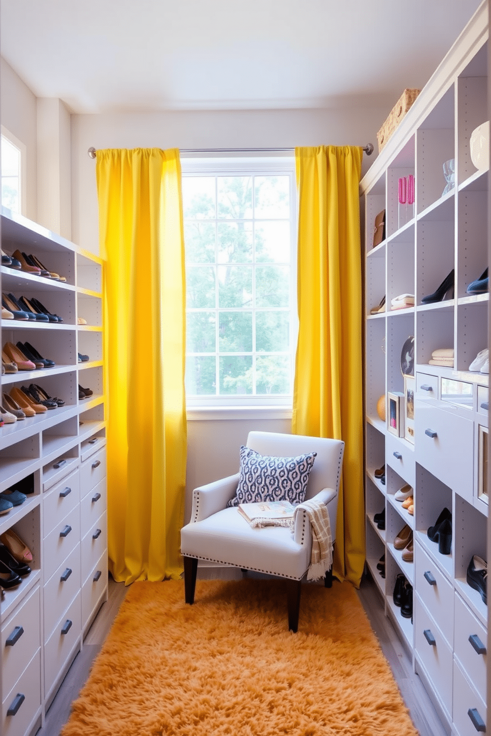 A bright and airy walk-in closet features bright yellow curtains that frame a large window, allowing natural light to flood the space. The curtains are complemented by sleek white shelving and a plush area rug, creating a cheerful and inviting atmosphere. The closet is organized with an array of open and closed storage solutions, showcasing stylish shoes and accessories against a backdrop of soft gray walls. A cozy reading nook with a small chair and a decorative throw adds a touch of comfort to this vibrant dressing area.