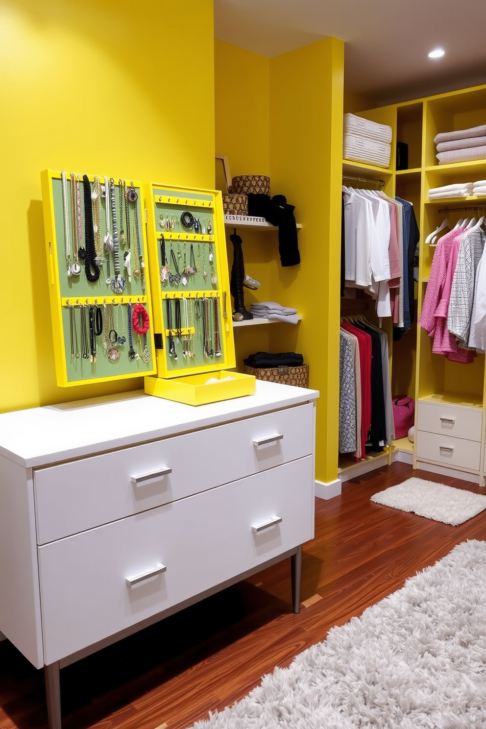 A vibrant yellow jewelry organizer sits elegantly on a sleek white dresser, showcasing an array of necklaces, bracelets, and earrings. The organizer features multiple compartments and hooks, allowing for easy access and a visually appealing display. The walk-in closet is designed with bright yellow walls and custom shelving that maximizes storage space. A plush, neutral-toned rug adds warmth, while strategically placed lighting highlights the organized accessories and clothing, creating an inviting atmosphere.