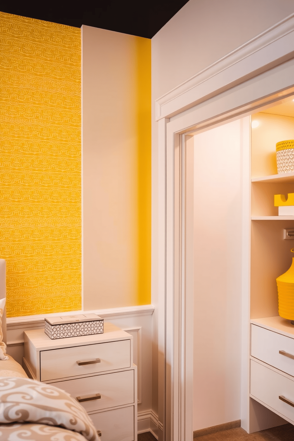 A striking accent wall adorned with bold yellow wallpaper, featuring a geometric pattern that adds depth and vibrancy to the space. The surrounding walls are painted in a soft white, creating a stunning contrast that highlights the boldness of the wallpaper. A spacious walk-in closet designed with functionality and style in mind, featuring custom shelving and hanging space. The closet is illuminated by warm LED lighting, enhancing the bright yellow accents found in the decor and accessories.