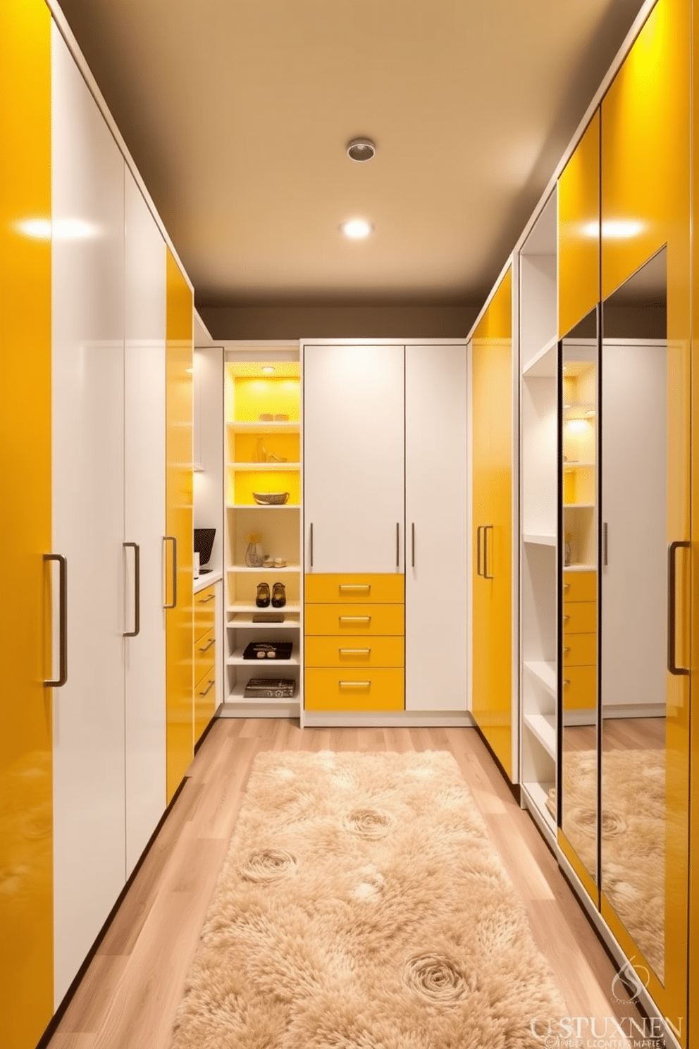 A stylish walk-in closet featuring two-tone cabinetry in vibrant yellow and crisp white. The cabinetry is designed with sleek lines, offering ample storage space and a modern aesthetic. Soft lighting illuminates the space, highlighting the yellow accents and creating a warm atmosphere. A plush area rug adds comfort underfoot, while a full-length mirror enhances the sense of openness.