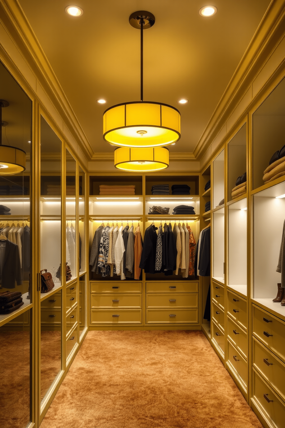 A stunning walk-in closet featuring yellow lighting fixtures as a statement piece. The walls are adorned with elegant shelving, while plush carpet underfoot adds warmth and comfort. The lighting fixtures are strategically placed to highlight the clothing and accessories displayed. Soft yellow tones create an inviting atmosphere, making this closet both functional and luxurious.