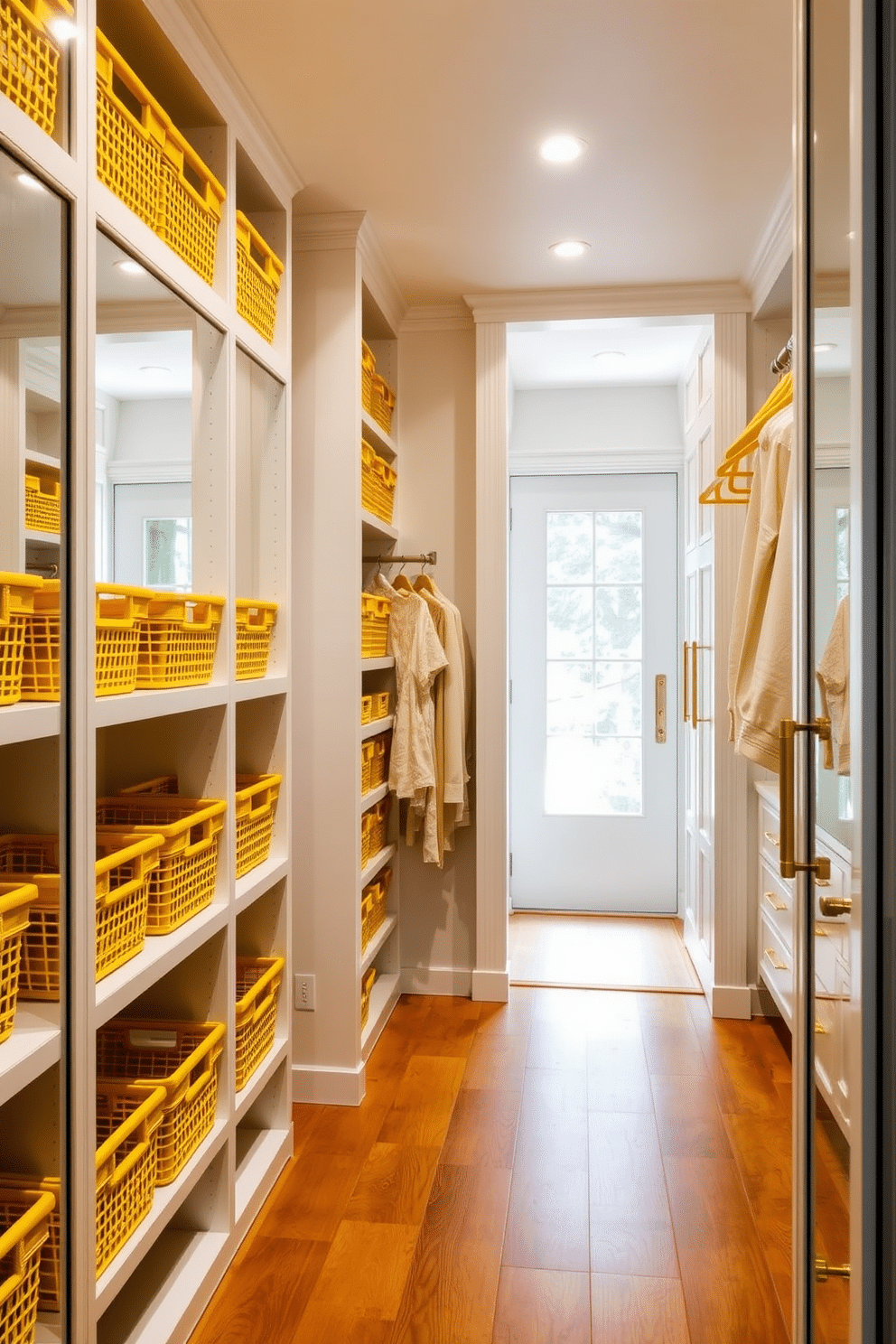 A stylish walk-in closet featuring vibrant yellow baskets for an organized storage solution. The baskets are neatly arranged on shelves, complementing the soft white walls and warm wooden flooring. The closet includes ample hanging space with elegant gold fixtures, enhancing the overall sophisticated design. Large mirrors reflect the bright yellow accents, creating a cheerful and inviting atmosphere.