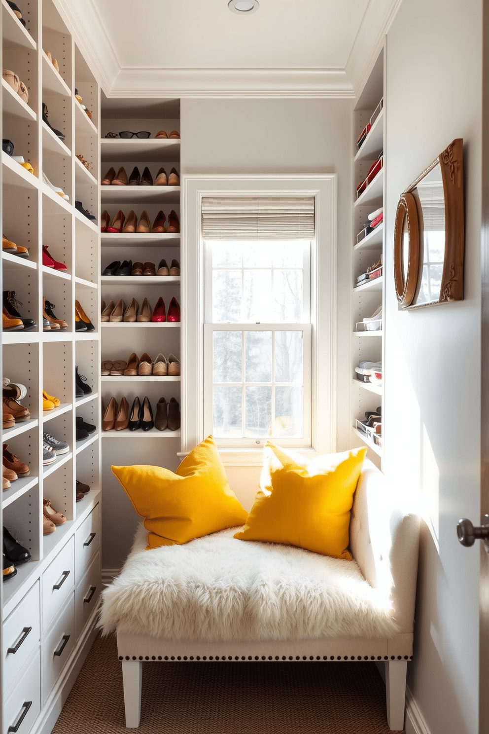 A cozy walk-in closet filled with natural light. The walls are painted a soft white, and the shelves are lined with neatly organized shoes and accessories, creating a bright and inviting atmosphere. Accent pillows in vibrant yellow are scattered across a plush bench, adding a pop of color and comfort. The bench is positioned near a large window, allowing for a serene view while getting dressed.