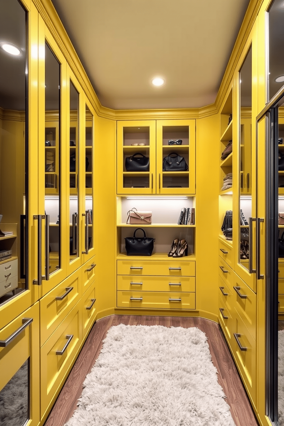 Custom yellow cabinetry with glass doors creates a vibrant focal point in the walk-in closet. The cabinetry features sleek handles and is complemented by soft, ambient lighting that highlights the interior. The walk-in closet is spacious and organized, with dedicated sections for shoes, bags, and accessories. A plush area rug in neutral tones adds warmth, while a full-length mirror enhances the sense of openness.