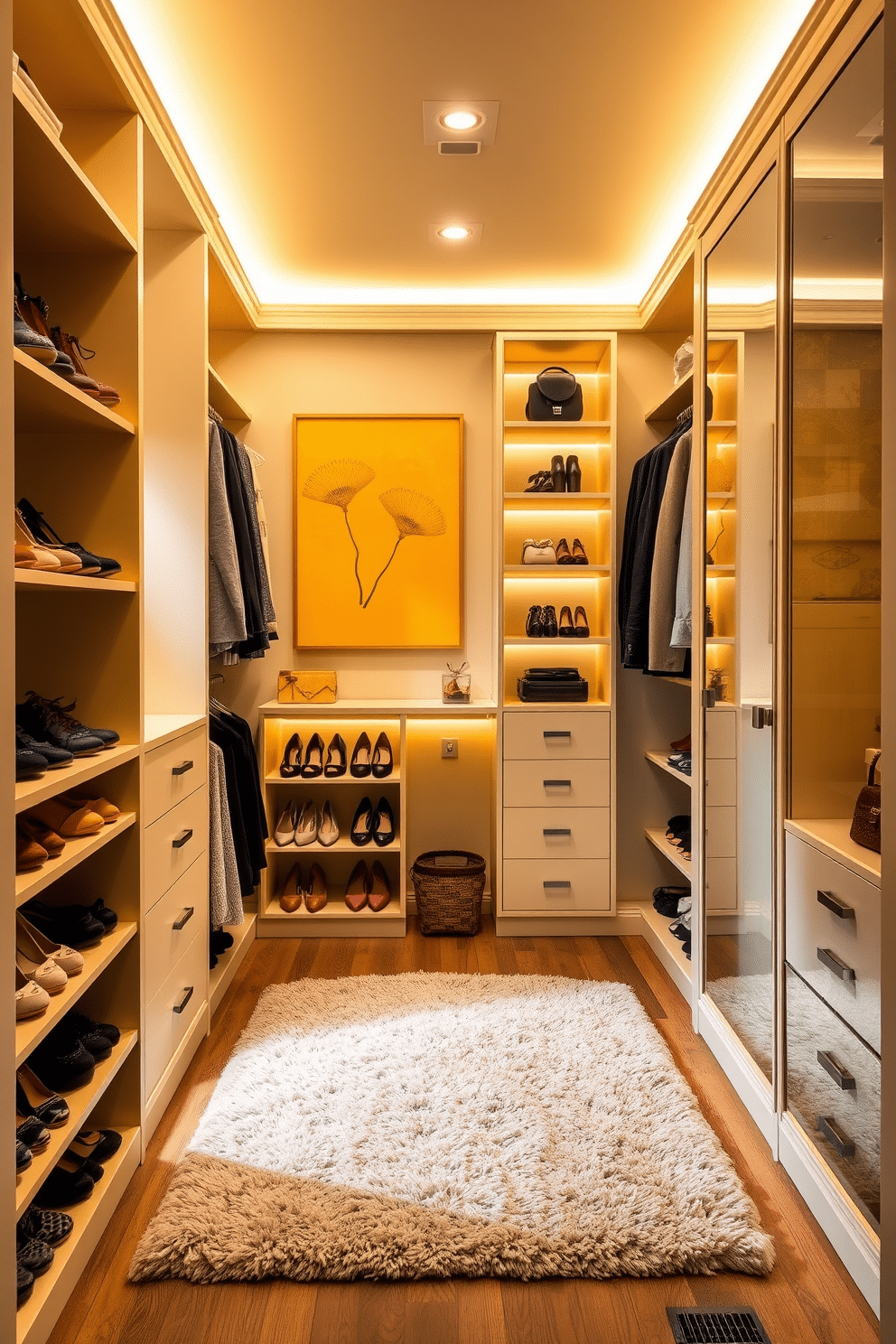 A vibrant walk-in closet featuring yellow wall art that adds a personal touch to the space. The walls are painted a soft beige, allowing the yellow accents to pop, while built-in shelving showcases an organized collection of shoes and accessories. The closet is illuminated by warm LED lighting, creating a welcoming atmosphere. A plush area rug in a neutral tone adds comfort underfoot, complementing the chic design of the space.