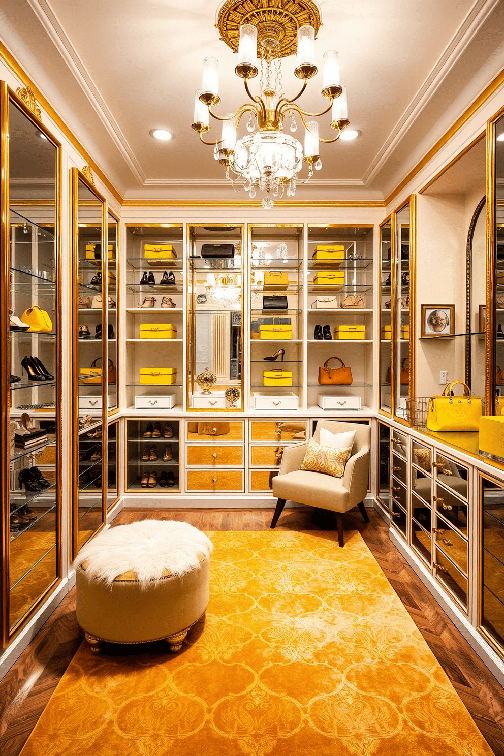 A luxurious walk-in closet featuring yellow and gold decor accents throughout. The walls are painted a soft cream, with gold-framed mirrors reflecting the elegant lighting from a chandelier above. Stylish shelving units display an array of shoes and handbags, with pops of yellow from decorative boxes and accessories. A plush area rug in a subtle gold pattern adds warmth, while a cozy seating area invites relaxation amidst the glamour.