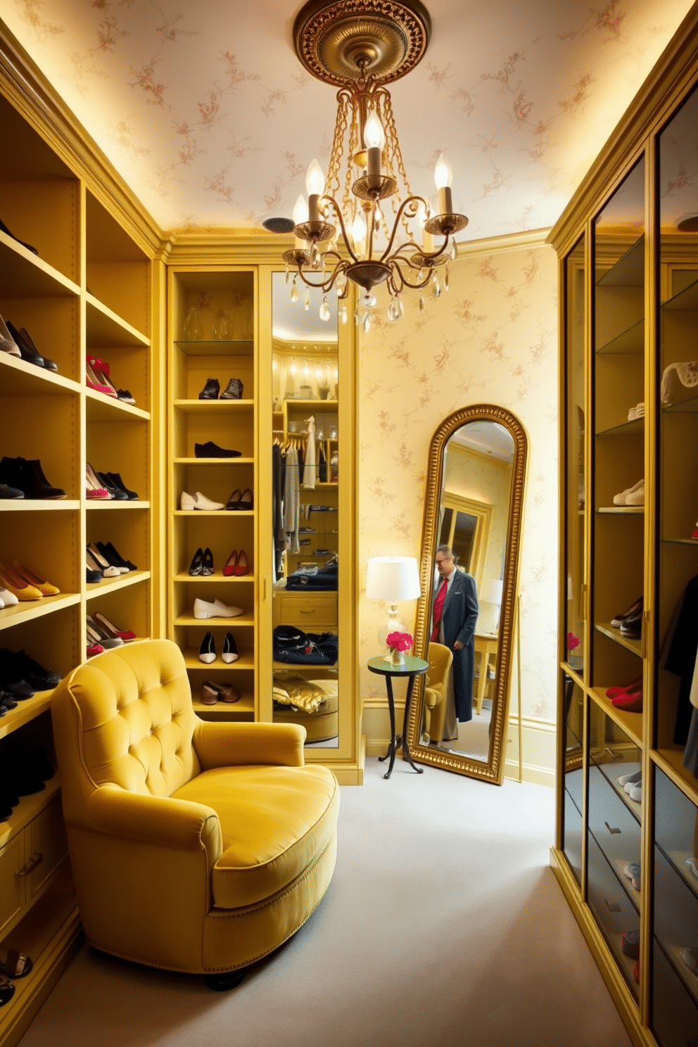 A luxurious walk-in closet featuring yellow wallpaper adorned with delicate floral patterns. The space is illuminated by a chandelier, and elegant shelving displays a curated collection of shoes and accessories. Soft lighting highlights a plush seating area in the corner, complete with a cozy armchair and a small side table. A full-length mirror is strategically placed to enhance the room's spacious feel, reflecting the vibrant colors of the decor.