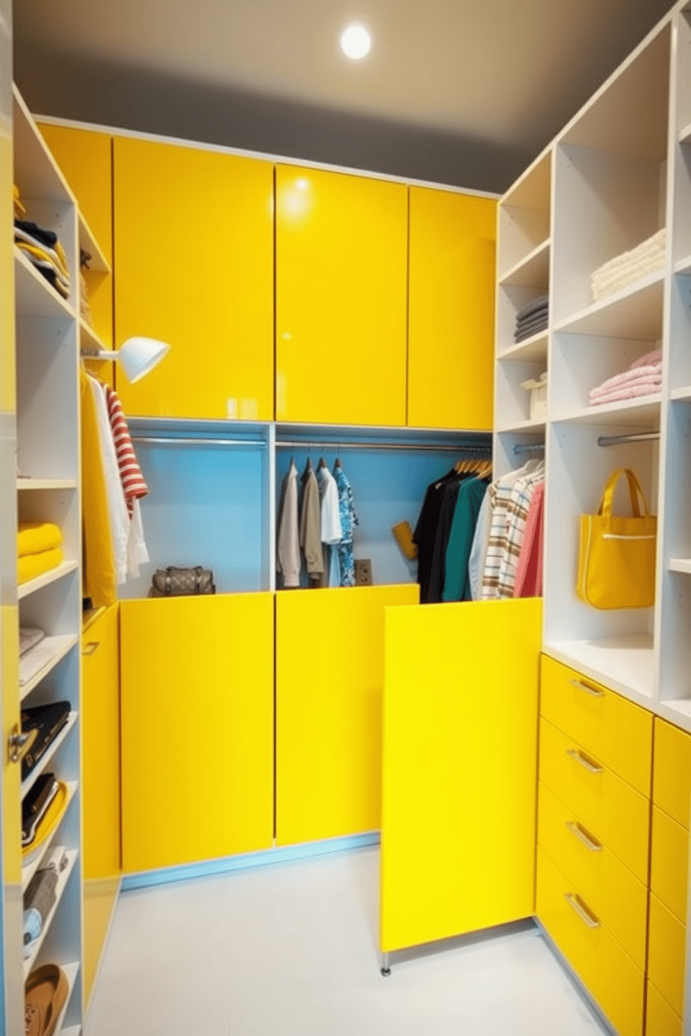 A bright and cheerful walk-in closet features yellow closet dividers that create a visually appealing and organized space. The dividers are made of a sleek material, enhancing the overall aesthetic while providing functional separation for clothing and accessories. The walls of the closet are painted in a soft white, allowing the yellow accents to pop beautifully. Ample lighting illuminates the space, highlighting the neatly arranged shelves and hanging areas, making it a joy to select outfits.