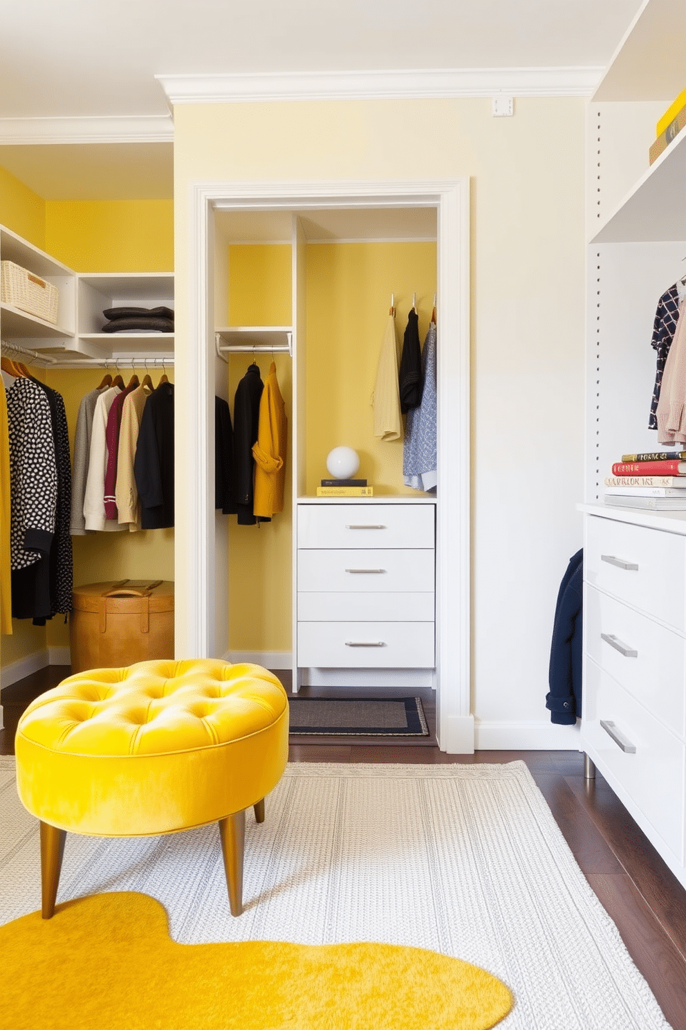 Chic yellow ottoman for seating area. The ottoman features a plush, tufted velvet fabric in a vibrant yellow hue, complemented by sleek gold legs. Yellow Walk-In-Closet Design Ideas. The closet showcases custom shelving and hanging space, with a soft yellow accent wall that adds warmth and brightness to the organized layout.