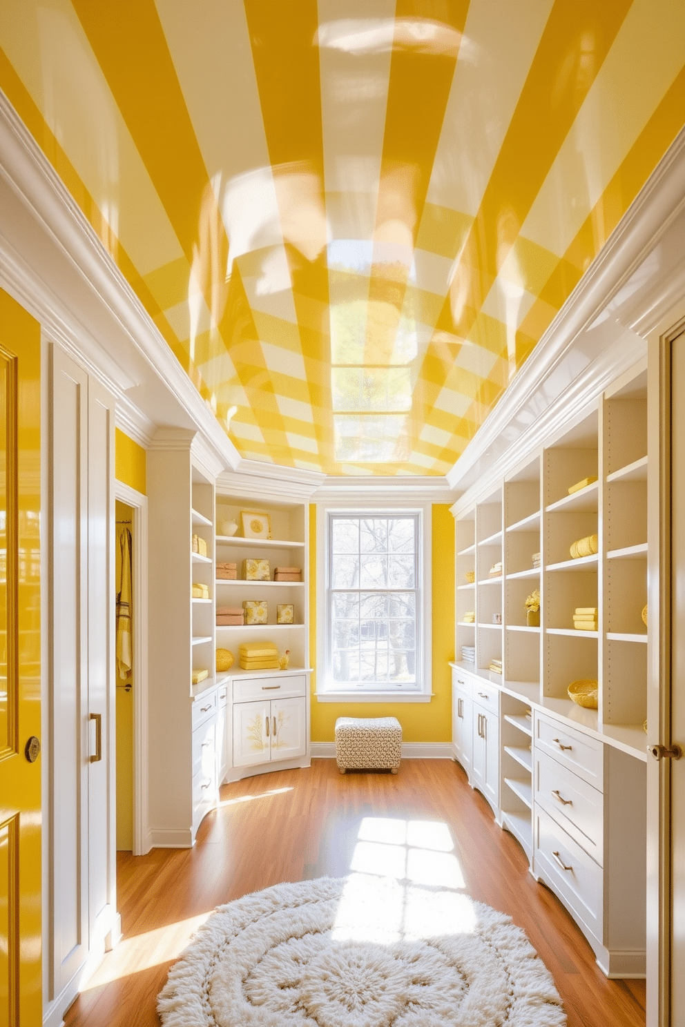 A stunning ceiling design features bold yellow and white stripes that create a lively and inviting atmosphere. The stripes are painted in a high-gloss finish, reflecting light and enhancing the spaciousness of the room. The walk-in closet is designed with ample natural light streaming through large windows, highlighting the cheerful yellow accents throughout. Custom shelving and cabinetry in crisp white provide a clean and organized look, while a plush area rug adds warmth underfoot.