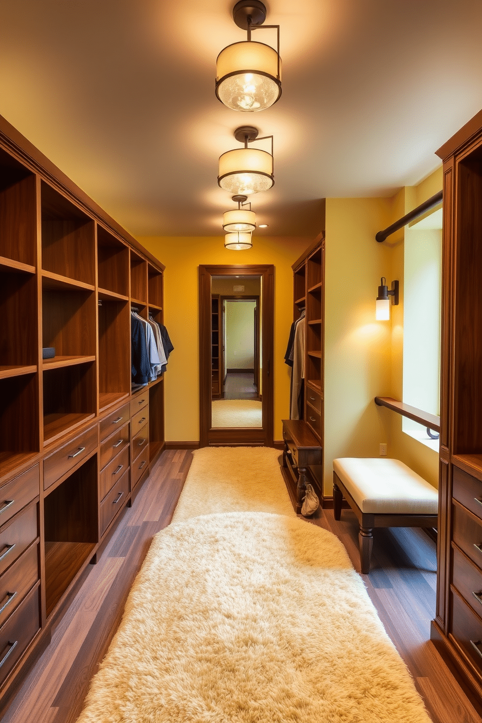 A luxurious walk-in closet designed with warm yellow tones and natural wood accents. The walls are painted a soft buttery yellow, complemented by rich wooden shelving and cabinetry that provide ample storage space. A plush area rug in a deeper shade of yellow adds comfort underfoot, while stylish lighting fixtures with a warm glow create an inviting atmosphere. The closet features a full-length mirror framed in wood, enhancing the warmth and functionality of the space.