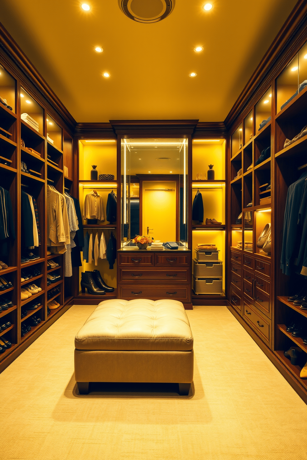 A luxurious walk-in closet bathed in soft yellow lighting, creating a warm and inviting atmosphere. The space features built-in shelving and hanging rods, elegantly organized with neatly arranged shoes and accessories. Rich wooden cabinetry complements the soft yellow tones, while a plush ottoman sits in the center for comfort. A large mirror reflects the warm glow, enhancing the spaciousness and style of this chic closet retreat.