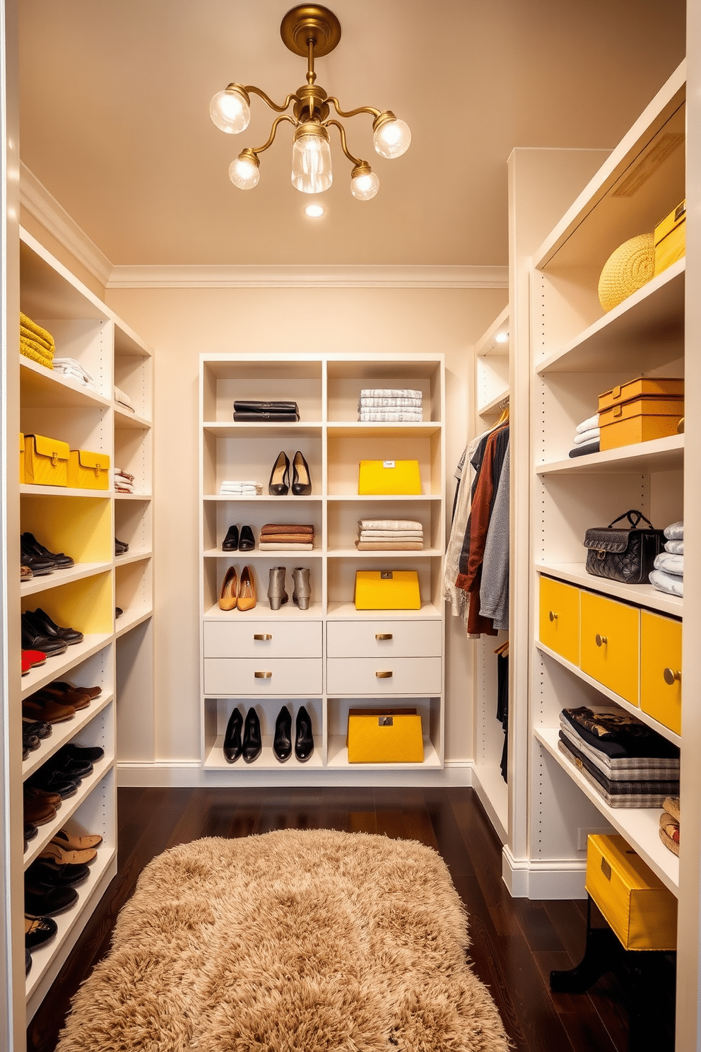 A stylish walk-in closet featuring open shelving with vibrant yellow accents that add a pop of color. The shelves are neatly organized with a mix of shoes, handbags, and folded clothing, creating an inviting and functional space. The walls are painted in a soft neutral tone to complement the yellow accents, while a plush area rug adds warmth underfoot. Elegant lighting fixtures illuminate the closet, highlighting the organized displays and enhancing the overall aesthetic.