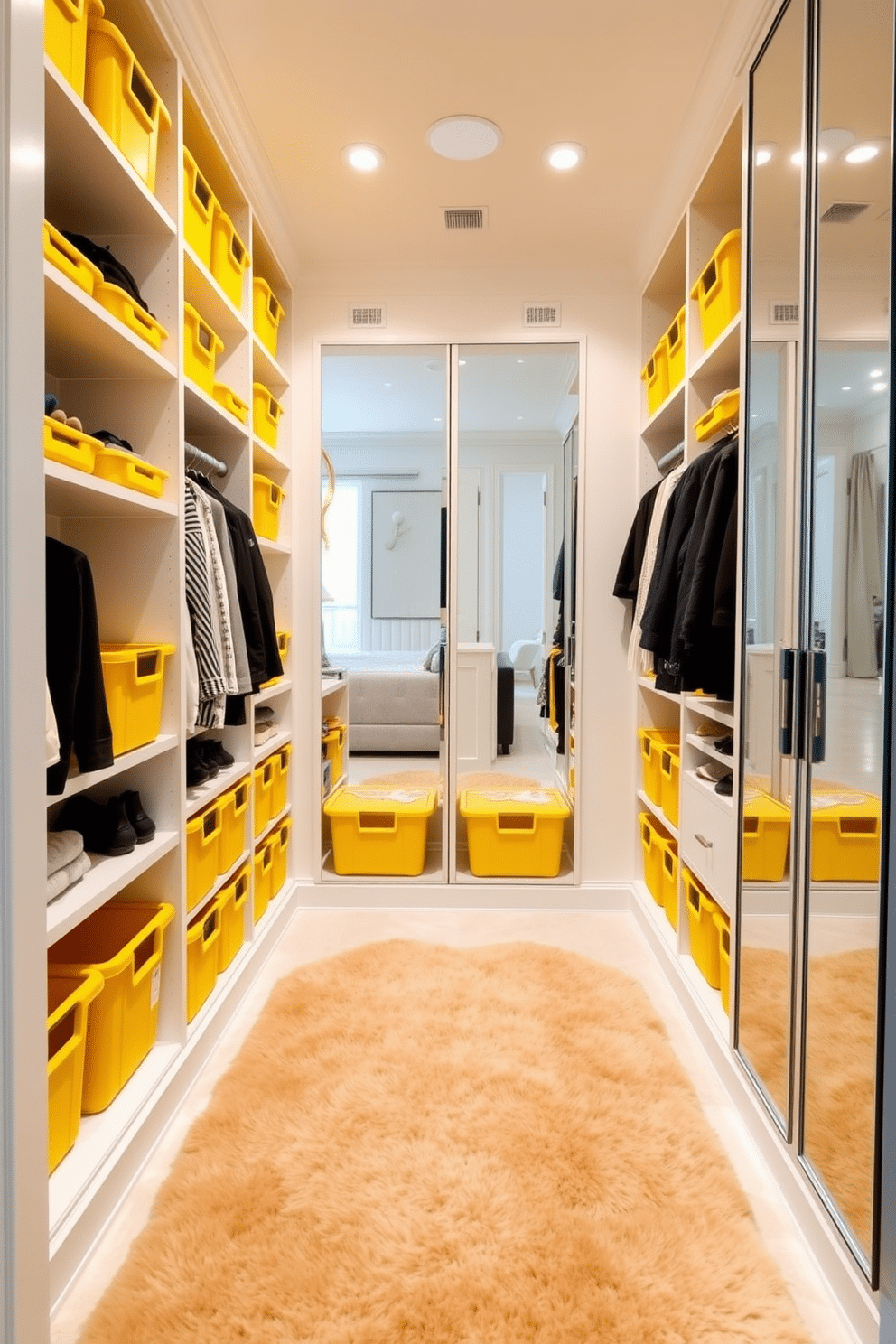 A spacious walk-in closet featuring bright yellow storage bins neatly arranged on built-in shelves. The walls are painted a soft white, and large mirrors reflect the organized space, enhancing the airy feel. The closet includes a plush area rug in a complementary color, providing comfort underfoot. Soft lighting fixtures illuminate the space, highlighting the stylish bins that add a pop of color while keeping items neatly stored.