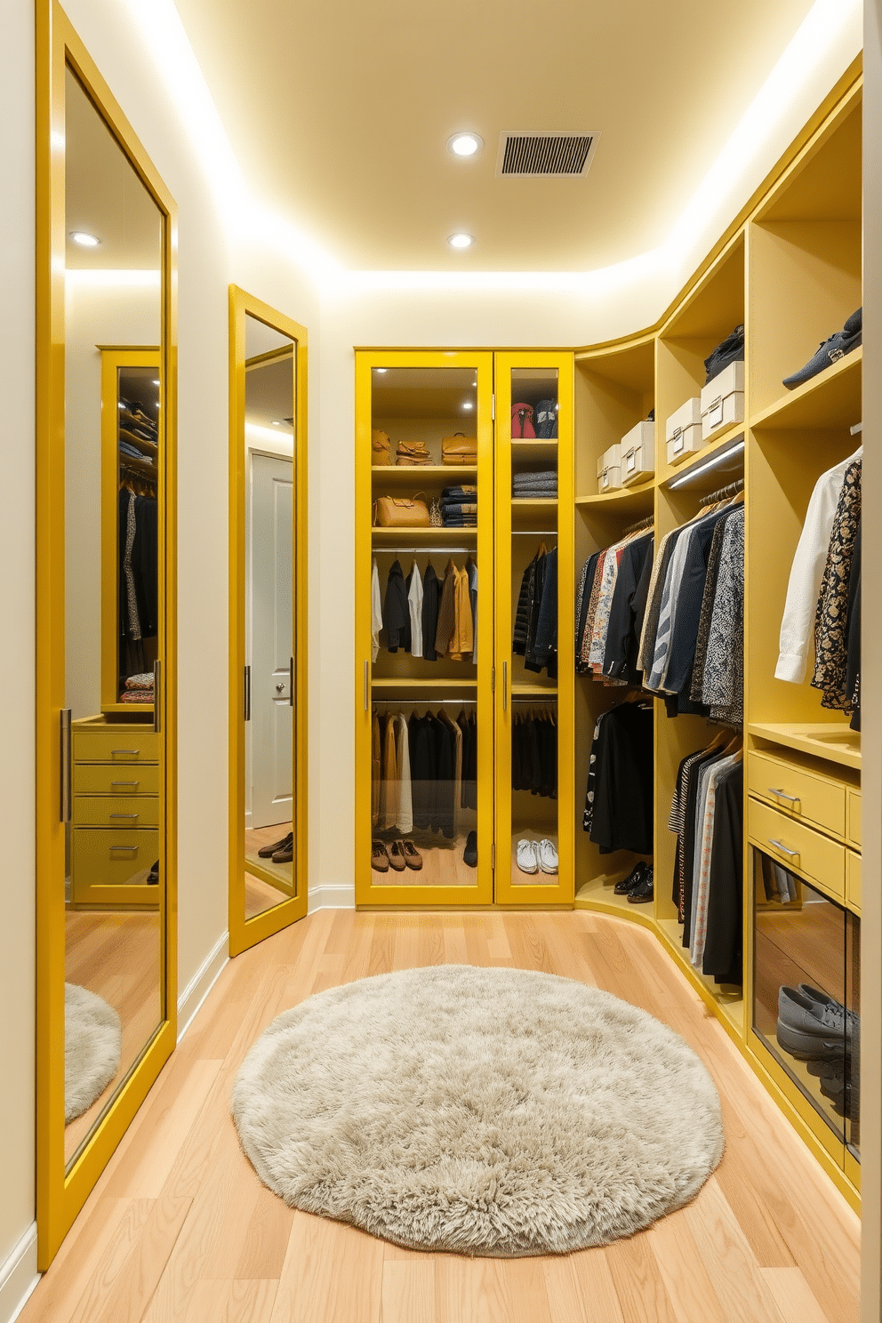 A luxurious walk-in closet featuring yellow-framed mirrors that enhance the sense of space and brightness. The walls are painted a soft cream, and the flooring is a polished light wood, creating a warm and inviting atmosphere. The closet is equipped with custom shelving and hanging spaces, showcasing an organized display of clothing and accessories. Soft LED lighting highlights the yellow accents, while a plush area rug adds comfort underfoot.