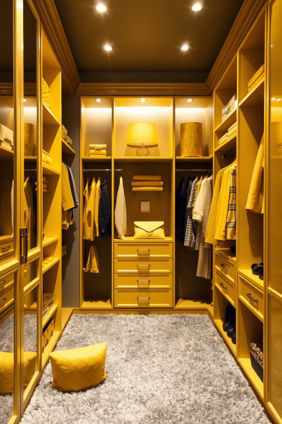 A luxurious walk-in closet featuring a blend of yellow and gray tones. The walls are painted a soft gray, while the shelving and cabinetry are a vibrant yellow, creating a striking contrast that exudes elegance. Plush gray carpeting covers the floor, providing a cozy foundation for the space. Accent lighting highlights the yellow accessories and clothing, making the closet feel both inviting and stylish.