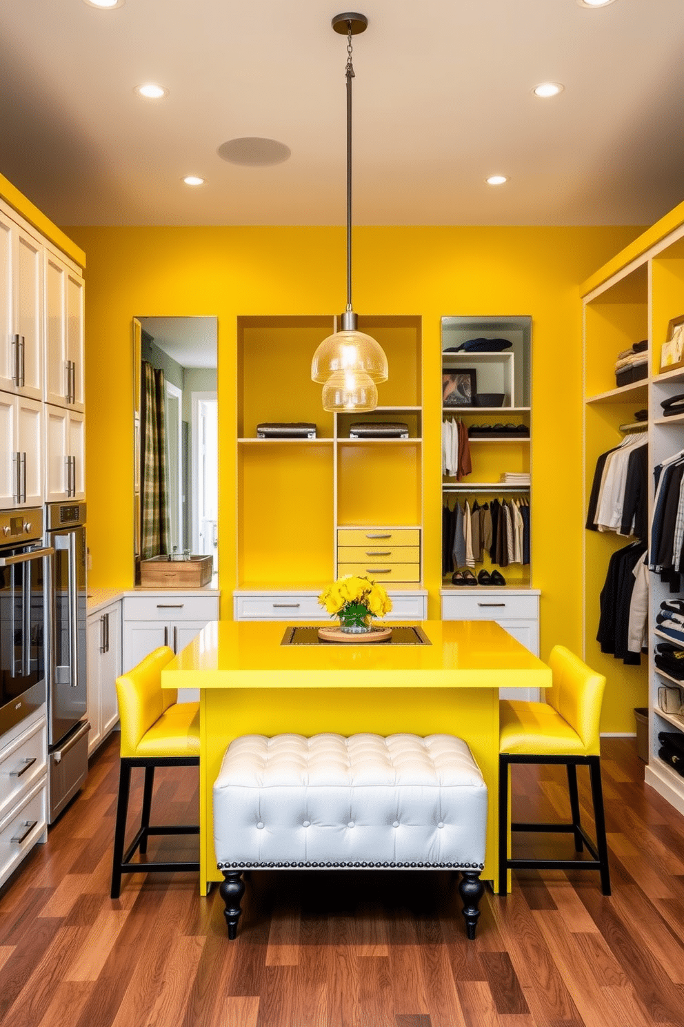 A vibrant yellow kitchen island serves as the centerpiece, featuring a sleek countertop and comfortable seating for four. Pendant lights hang above, casting a warm glow over the space, which is complemented by white cabinetry and stainless steel appliances. The walk-in closet is designed with a bright yellow accent wall, showcasing custom shelving and hanging space for clothing. A plush ottoman sits in the center, surrounded by mirrors that reflect the stylish organization and ample storage options.